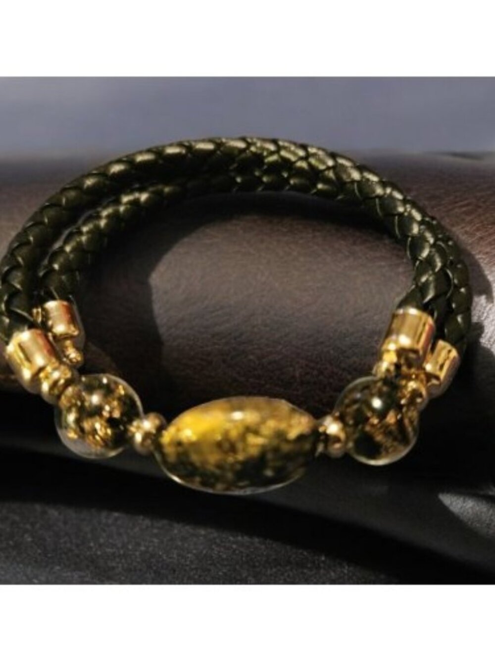 Vintage AVON Glass Beads Goldtone Black Braided Leather Wrap Bracelet